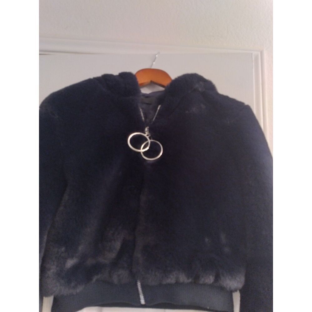 Faux Fur Hooded Jacket Cropped Bomber Style Silver Hardware
